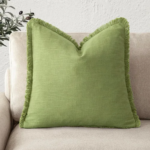 Miniatura 50 de Foindtower Fundas de almohada decorativas de lino con flecos, acogedora funda de cojín bohemia estilo farmhouse con borlas, funda de almohada