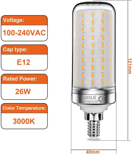 Miniatura 2 de Bombillas LED de 26 W, equivalente a bombillas incandescentes de 200 W, 3000 lm, 3000 K blanco cálido, tornillo Edison pequeño E12, paquete de 3