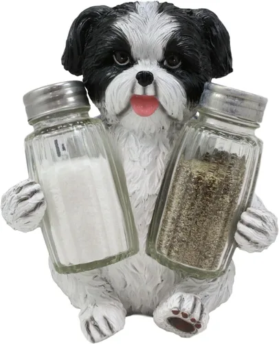 Ebros Gift Figura decorativa realista y adorable para abrazar a Pooch Shih Tzu para perros de razas de juguete de cristal, salero y pimienta, figura