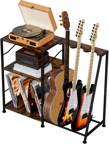 Miniatura 8 de Hosfais Soporte para tocadiscos, soporte de guitarra de 3 niveles para acústico, guitarra eléctrica, soporte para bajo, almacenamiento de discos