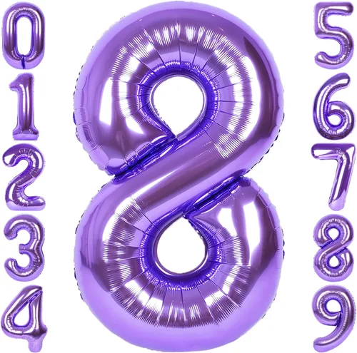 Miniatura 26 de Globo de número 0 de 40 pulgadas de RainbowQ Party, grande, color púrpura, para niños o niñas, números del 0 al 9, de papel de aluminio y Mylar