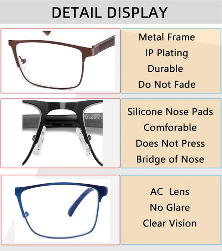 Miniatura 7 de Paquete de 4 lentes de lectura con bloqueo de luz azul para hombres, elegantes lentes de marco metálico con bisagras de resorte cómodas, filtro UV