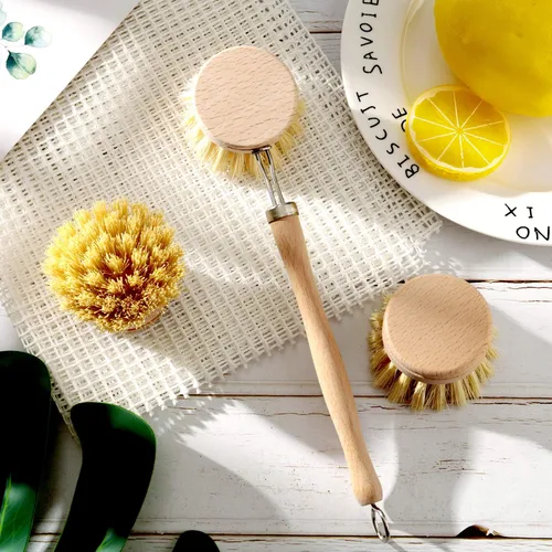 Miniatura 5 de Boao Paquete de 3 cepillos para platos con mango de madera de haya con cabezales de repuesto, cepillo de madera natural para lavar y limpiar ollas