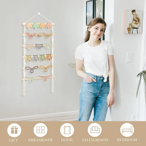 Miniatura 5 de Organizador de pinzas para el cabello, soporte colgante de macramé para el cabello y almacenamiento para niñas, colgador de clips de garra