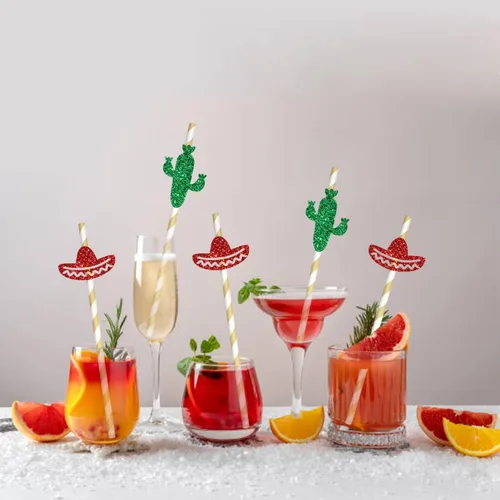 Miniatura 5 de Decoración de paja de papel para fiesta mexicana, pajitas de papel para despedida de soltera, pajitas de fiesta mexicana de Luau, fiesta de cinco