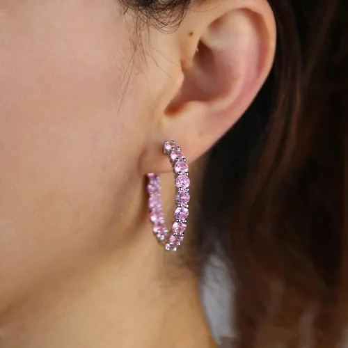 Miniatura 2 de Zafiro rosa con aros de oro liso, aro de 1.181in de diámetro interior, aretes de aro doblealicates con aros de piedras preciosas en oro de 14
