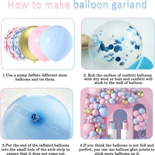 Miniatura 6 de Kit de arco de guirnalda de globos de color rosa claro y azul, 130 unidades de 5+12+18 pulgadas, globos de látex dorado con confeti rosa y azul