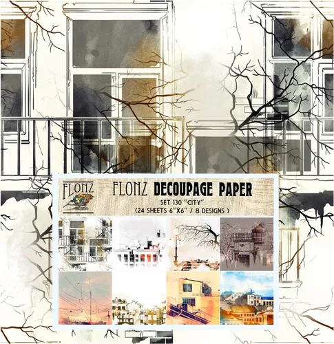 Miniatura 8 de Paquete de papel para decoupage (24 hojas 15x15 cm) # Papel con patrón estilo vintage de paisajes urbanos para decoupage, manualidades y álbumes
