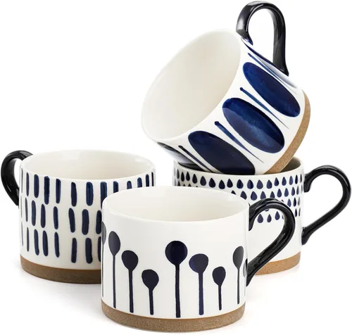 SOUJOY Juego de 4 tazas de café grandes de cerámica, tazas de café pintadas a mano de 15 onzas con asas, tazas de sopa de porcelana esmaltada