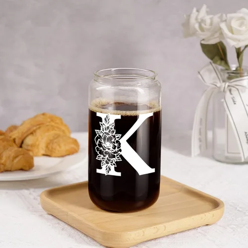 Miniatura 7 de Taza de Vidrio Inicial Coolife, Regalos Personalizados con Monograma para Mujeres, Tazas de Vidrio de 16 oz con Tapas y Popotes, Vaso de Café
