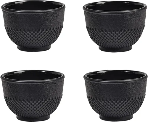 Sungmor Tazas de Té de Hierro Fundido Negras, Juego de 4 y 5 oz - Tazas de Té Japonesas con Interior Esmaltado, Juego de Té Tradicional Gongfu,