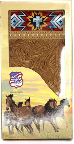 Miniatura 4 de West Star Texas Cartera de chequera plegable con pelo de vaca o cartera de tela bordada, 0205 Bordado Marrón