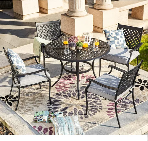 Miniatura 6 de Lokatse Home. Juego de 4 sillas para comedor de hierro forjado para exteriores, con brazos y cojines de asiento. Negro