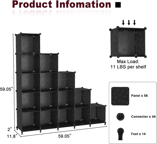 Miniatura 3 de UNKU Organizador de almacenamiento de cubos, 16 cubos organizadores de armario, estantes de almacenamiento, estantería apilable para bricolaje, Negro