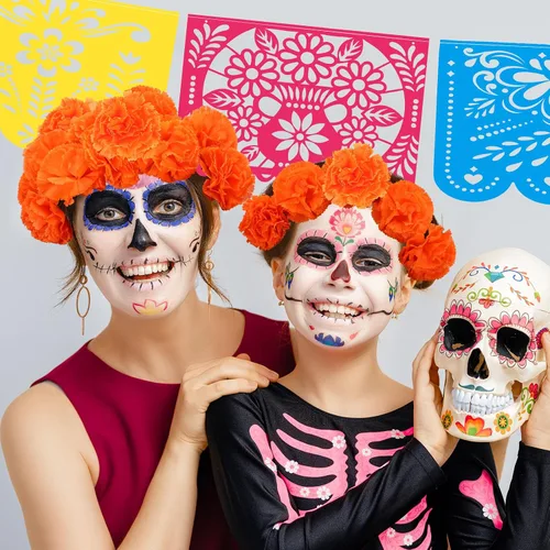 Miniatura 7 de Cartel de fiesta mexicana de Halloween, 124 unidades, papel picado, Día de los Muertos, banderines de fiesta, Día de los Muertos, flores muertas