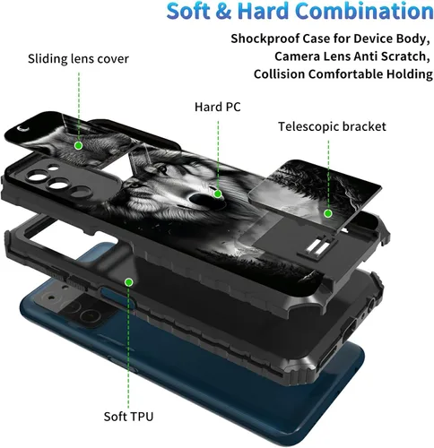 Miniatura 609 de Funda para Samsung Galaxy S22 Ultra 5G, Galaxy S22 Ultra con cubierta de cámara deslizante, funda resistente de doble capa con función atril Black