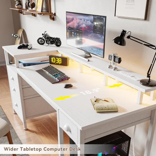 Miniatura 7 de Furologee Escritorio para juegos de 52 pulgadas con luces LED y tomas de corriente, escritorio reversible para computadora con 4 cajones, archivador