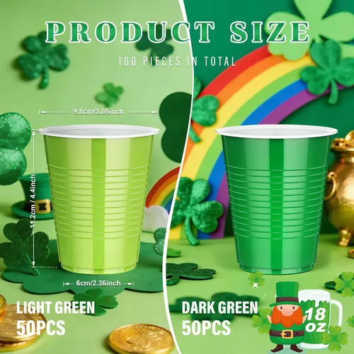 Miniatura 3 de KesaPlan 100 vasos de plástico desechables para fiesta de 18 onzas, color verde y verde claro, para el día de San Patricio Verde & Verde claro