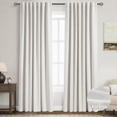 Miniatura 66 de Cortinas de lino 100% opacas para dormitorio, 102 pulgadas de largo, con pestaña trasera, bolsillo para barra, paneles acústicos con aislamiento