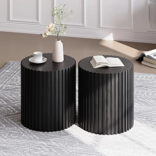 Miniatura 7 de POVISON Mesa auxiliar, mesa de centro redonda de madera, mesa auxiliar moderna para sala de estar, mesa de centro acanalada, color negro, totalmente