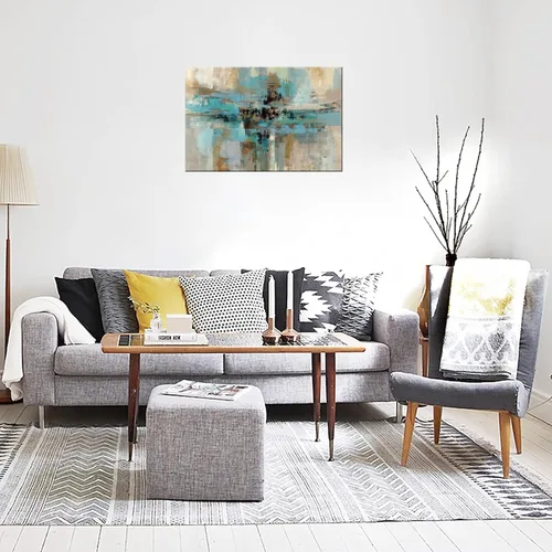 Miniatura 5 de DZL Art A74769 - Impresiones en lienzo abstractas para pared, pinturas artísticas azules y marrones, lienzo estirado de madera, enmarcado para sala