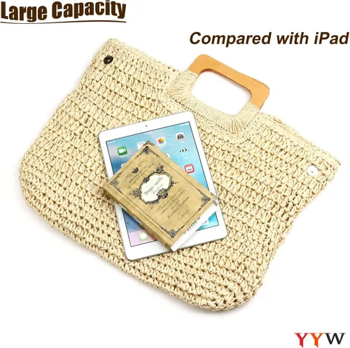 Miniatura 3 de Bolsa de mano para mujer, hecha de paja tejida a mano, grande, informal, con bolsillos con forro para uso diario, viajes, ir a la playa, etc.