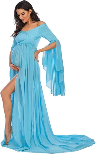 Miniatura 2 de ZIUMUDY Vestido largo de gasa de maternidad con hombros descubiertos para sesión de fotos, mangas acampanadas, vestido dividido para fotografía
