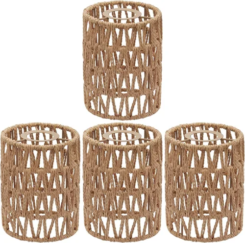 Sombra de lámpara de ratán, paquete de 4 piezas, sombra de lámpara pequeña retro de mimbre, cubierta de sombra de lámpara colgante tejida boho para