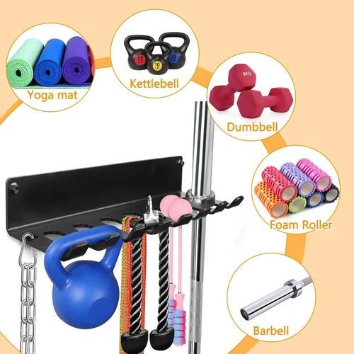 Miniatura 7 de Organizador de gimnasio, colgador de accesorios de gimnasio en casa, ganchos de montaje en pared para mancuernas olímpicas, asas de fila
