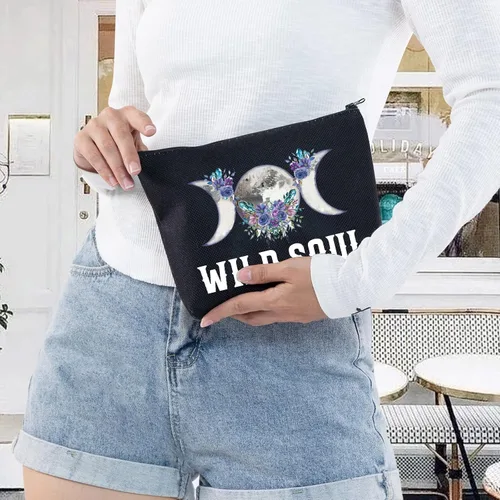 Miniatura 5 de LEVLO Bolsa de maquillaje cosmética de fase lunar, regalo de bruja luna, bolsa de maquillaje con cremallera para mujeres y niñas, Alma salvaje