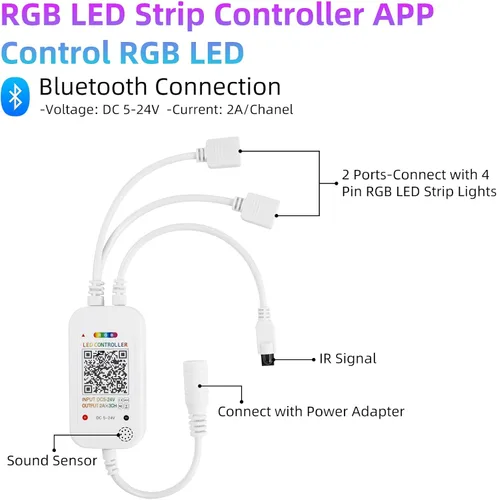 Miniatura 3 de RGBZONE Controlador LED Bluetooth RGB, controlador de tira de luces LED de música inteligente de 4 pines, control remoto IR de 40 teclas para tiras