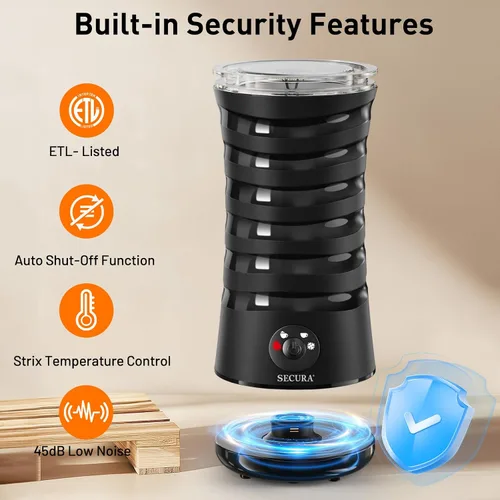 Miniatura 5 de Espumador de leche eléctrico Secura, vaporizador automático de leche, máquina de espuma caliente y fría 4-EN-1 - 8.4oz/240ml calentador de leche