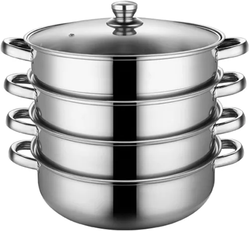 Juego de 4 ollas de vapor de acero inoxidable con tapa de vidrio y asa, para cocinar al vapor, cazuela, cacerola (4 capas)