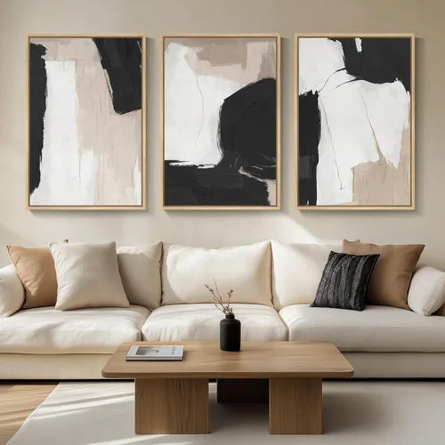 Miniatura 33 de Arte de pared abstracto neutro con marco grande para sala de estar, 3 piezas, impresiones modernas en lienzo para paredes, cuadros negros y beige
