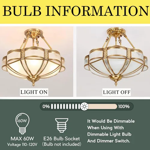 Miniatura 7 de Lámpara de techo de latón de 4 luces semiempotrada, candelabro dorado para comedor, lámpara de techo de vidrio esmerilado, luz empotrada moderna