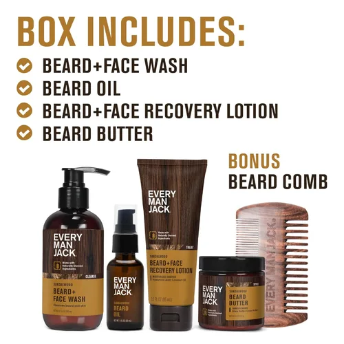 Miniatura 3 de Every Man Jack Beard Essentials Set de regalo para hombres, rutina completa con 5 elementos esenciales de tamaño completo, aroma de sándalo, lavado