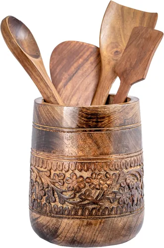 Mie Creations Soporte grande rústico de 7 pulgadas para encimera de cocina, organizador de espátula de cocina de madera para fiestas, organizador de
