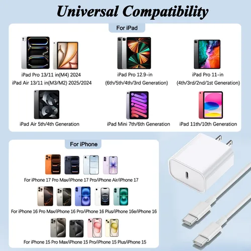 Miniatura 3 de Cargador rápido para iPad, paquete de 2 bloques de carga adaptadores de enchufe de pared USB C y cable USB C a C de 3m para iPad Pro 13 (M4)/iPad