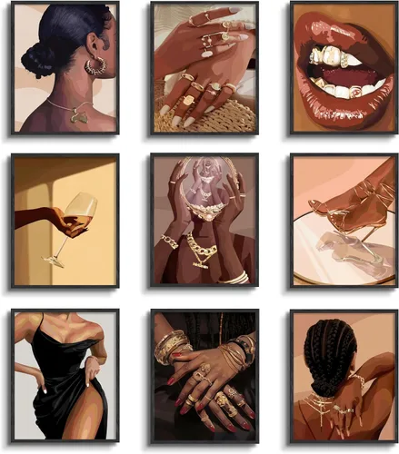 WIARTSH Black Girl - Juego de 9 lienzos abstractos de mujer afroamericana, arte moderno de melanina de moda para sala de estar, dormitorio,
