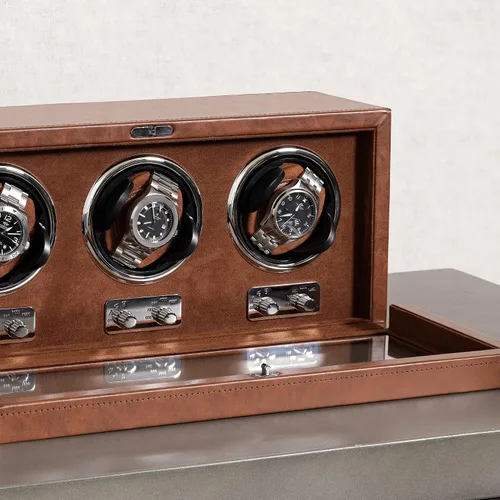 Miniatura 3 de ROTHWELL Bobinadora de reloj triple para relojes automáticos con motor silencioso con múltiples velocidades y ajustes de rotación (bronceadomarrón)