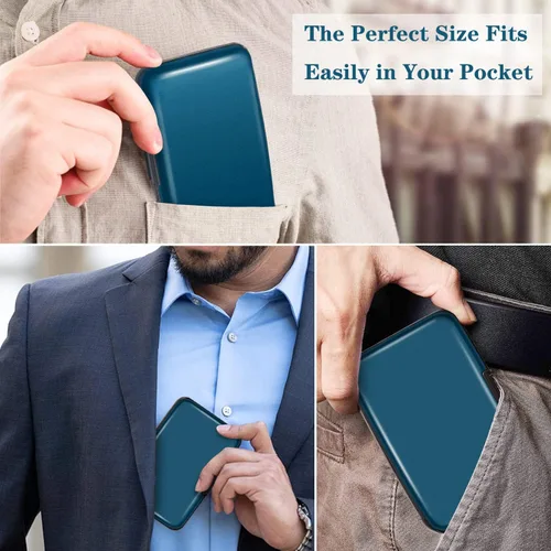 Miniatura 4 de Portatarjetas de crédito con bloqueo RFID, mini tarjetero delgado de aluminio duro para hombres o mujeres, Azul marino