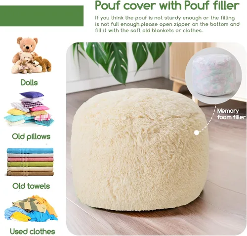 Miniatura 4 de HIGOGOGO Puf Otomano Redondo Relleno, Pufs Largos de Piel Sintética con Relleno de Trozos de Espuma, Puf Esponjoso y Peludo Taburete Reposapiés Beige