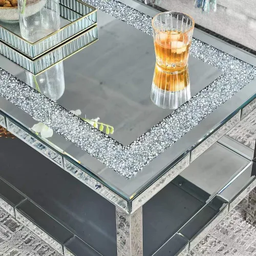 Miniatura 4 de LUMISOL Mesa de centro con espejo plateado con diseño de cristal, mesa central rectangular de vidrio de 2 capas con patas de acero inoxidable, mesa