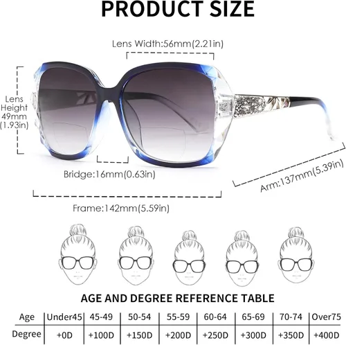Miniatura 5 de JM Gafas de Sol Bifocales para Lectura de Mujeres, Moda, Gafas de Sol Cuadradas Grandes para Exterior, Gafas de Lectura UV400, Protección, Azul Azul