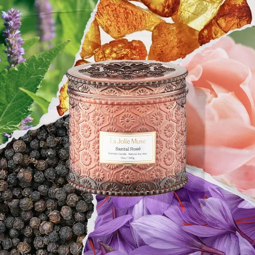 Miniatura 2 de LA JOLIE MUSE Santal Rosé Vela - Azafrán, Rosa, Pachulí Vela de cera de soya grande de 12 oz de 2 mechas 60 horas de combustión limpia Vela