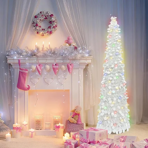Miniatura 7 de BTU - Árbol de Navidad artificial plegable, 5 pies, 90 luces LED, escarcha, delgado, para el hogar, festividades, chimenea, fiestas, decoración