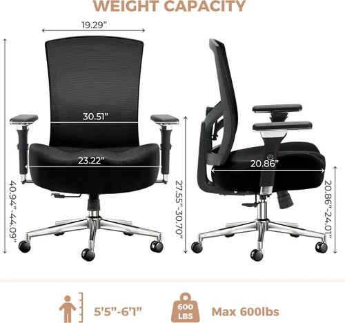 Miniatura 3 de Silla de oficina grande y alta de 600 libras con cojín de asiento grueso en forma de W, sillas de escritorio ergonómicas de malla para computadora