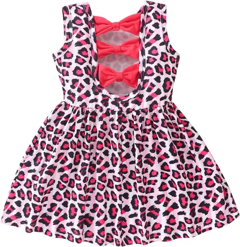 Miniatura 15 de Popshion Vestidos de verano para niñas con estampado de leopardo, vestido con lazo en la espalda, ropa de dinosaurio, sin mangas, para niños