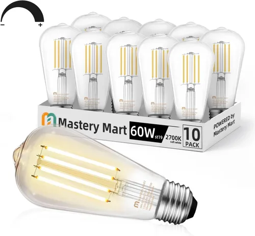 Miniatura 20 de MASTERY MART Paquete de 6 bombillas Edison vintage, bombilla LED E26 de 5.5 W equivalente a 60 W, regulable, blanco suave de 2700 K, ST19 antiguo