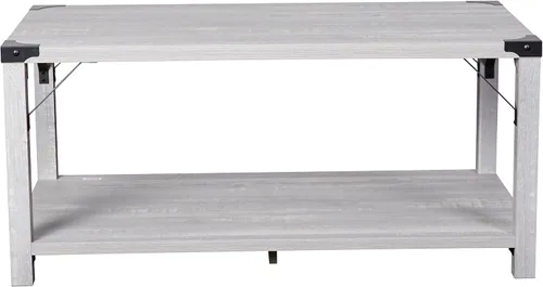 Miniatura 7 de BizChair Modern Farmhouse - Mesa auxiliar de 2 niveles, marco de madera de ingeniería gris Aspen, soportes laterales entrecruzados de metal negro